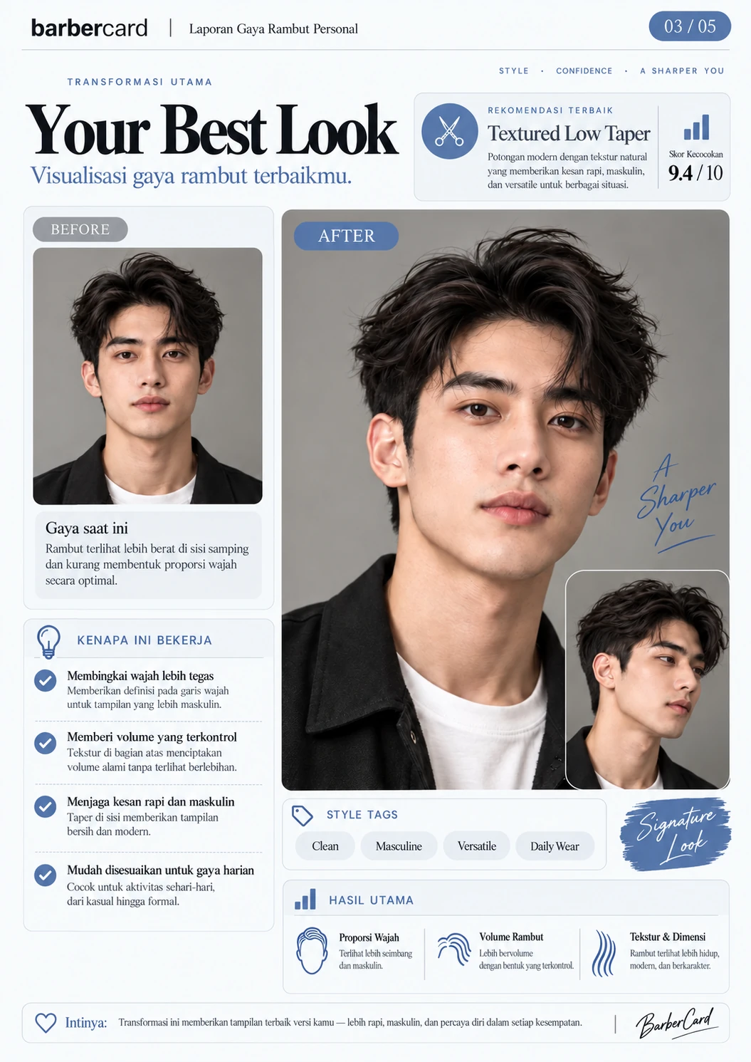 Existing Hairmemo report: recommended hairstyle transformation for a man